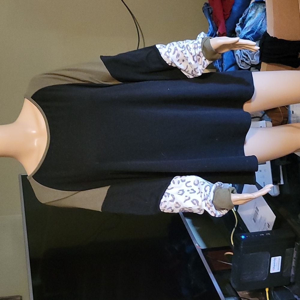 Women's Black and Olive Sweatshirt with Leopard Print Sleeves